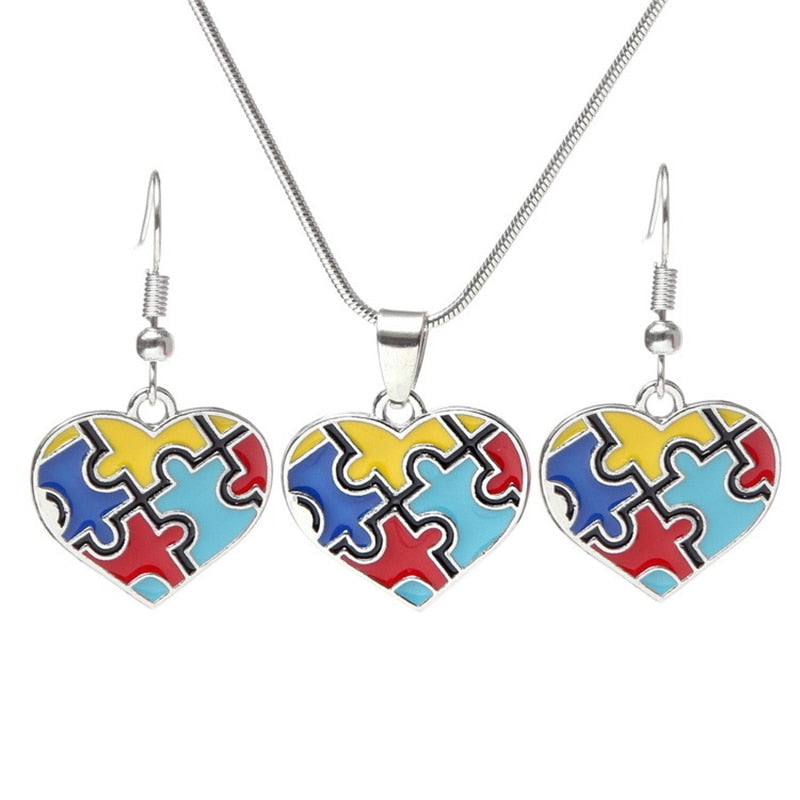 DoreenBeads Autism Awareness Children Kids Necklace Silver Color Link Chain Heart Jigsaw Puzzle Piece Enamel Warm Gift Accessory