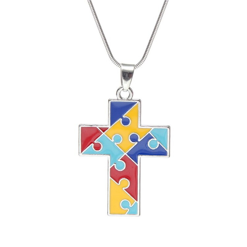 DoreenBeads Autism Awareness Children Kids Necklace Silver Color Link Chain Heart Jigsaw Puzzle Piece Enamel Warm Gift Accessory