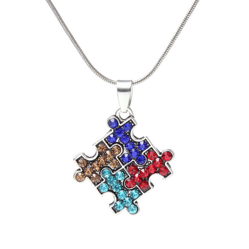 DoreenBeads Autism Awareness Children Kids Necklace Silver Color Link Chain Heart Jigsaw Puzzle Piece Enamel Warm Gift Accessory