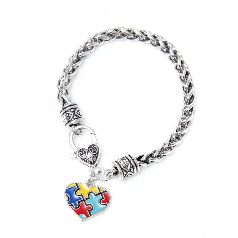 DoreenBeads Autism Awareness Children Kids Necklace Silver Color Link Chain Heart Jigsaw Puzzle Piece Enamel Warm Gift Accessory