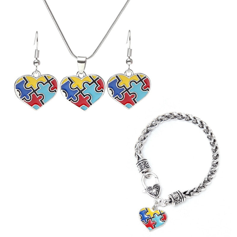 DoreenBeads Autism Awareness Children Kids Necklace Silver Color Link Chain Heart Jigsaw Puzzle Piece Enamel Warm Gift Accessory