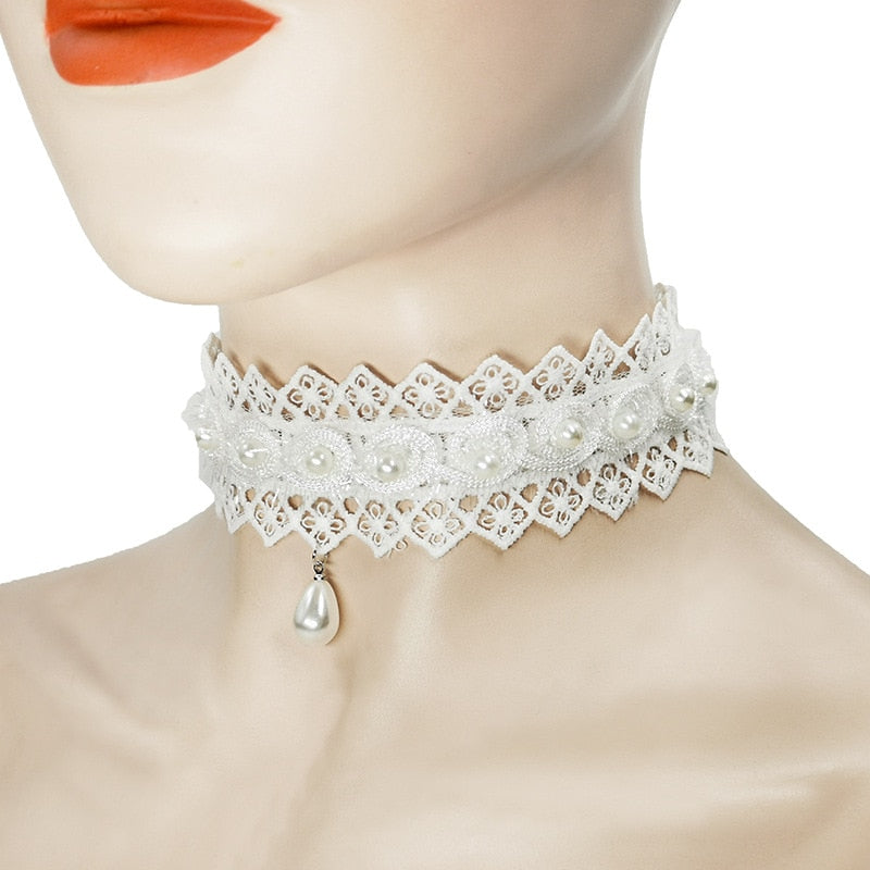 DoreenBeads Elegant Chocker Pendant White Black Lace Rope Chain Water Drop Pendant Romantic Jewelry Women Gift,1 PC