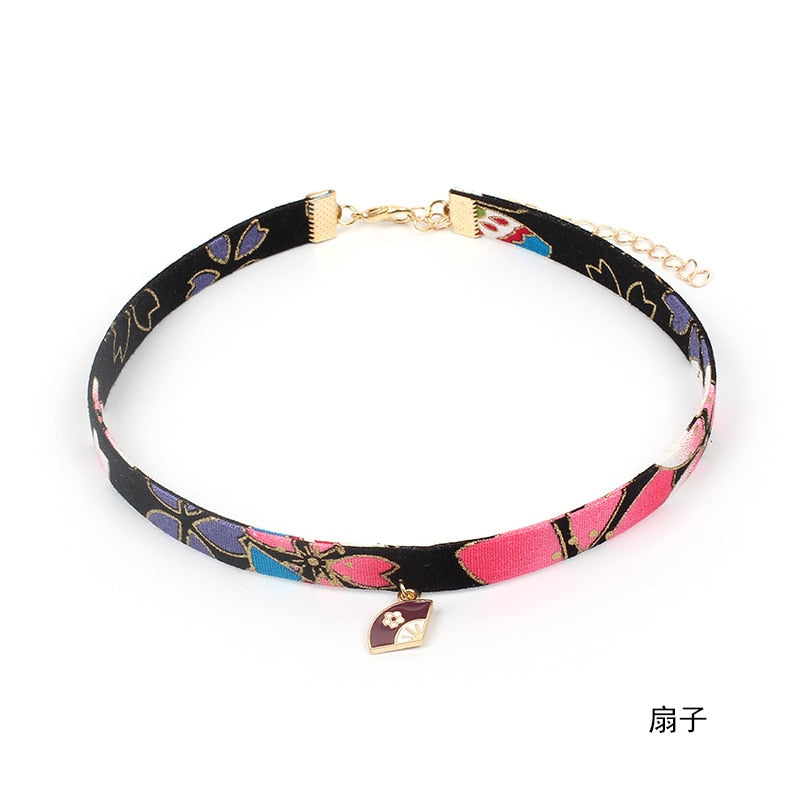 DoreenBeads Romantic Japanese Floral Printed Choker Necklace For Women Girls Accessories Sakura Pink Tassel Fan Necklace,1 PC
