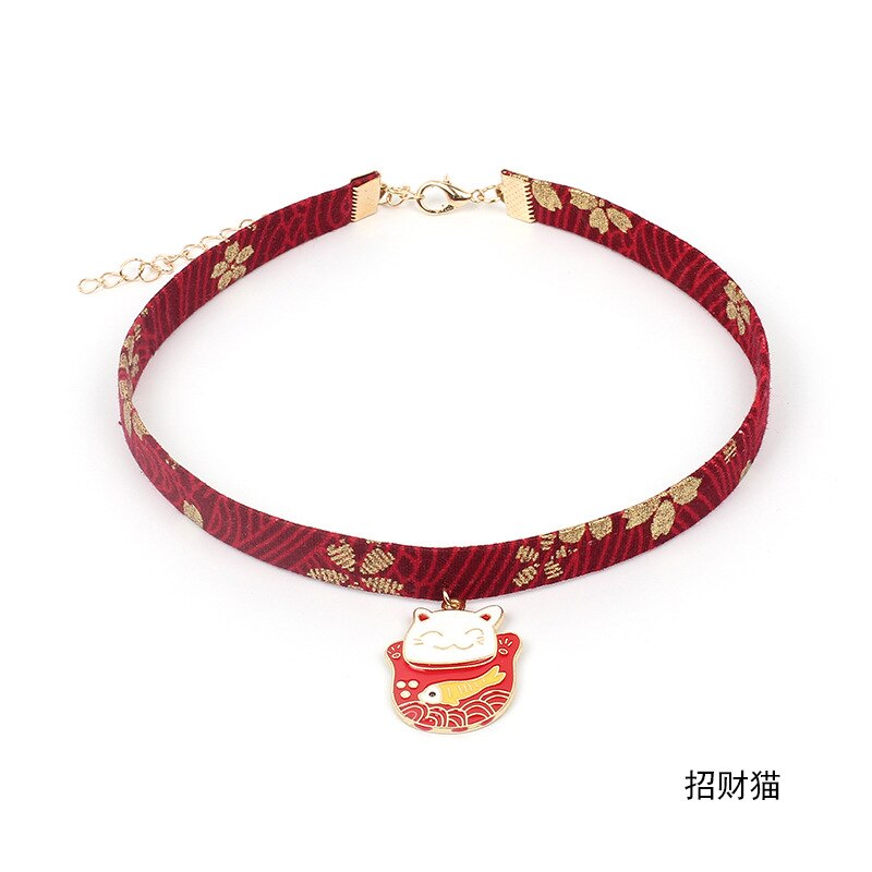 DoreenBeads Romantic Japanese Floral Printed Choker Necklace For Women Girls Accessories Sakura Pink Tassel Fan Necklace,1 PC