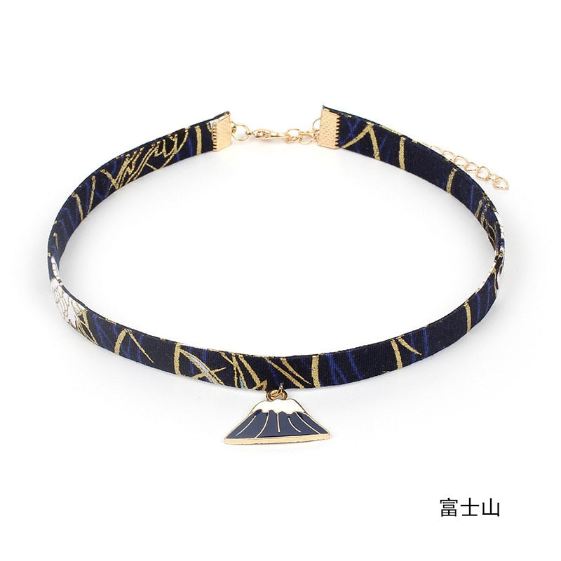 DoreenBeads Romantic Japanese Floral Printed Choker Necklace For Women Girls Accessories Sakura Pink Tassel Fan Necklace,1 PC