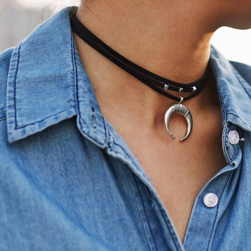 DoreenBeads Trendy Choker Necklace For Men Gold Half Moon Pendant Black Rope Necklace Jewelry Gift 35cm(13 6/8