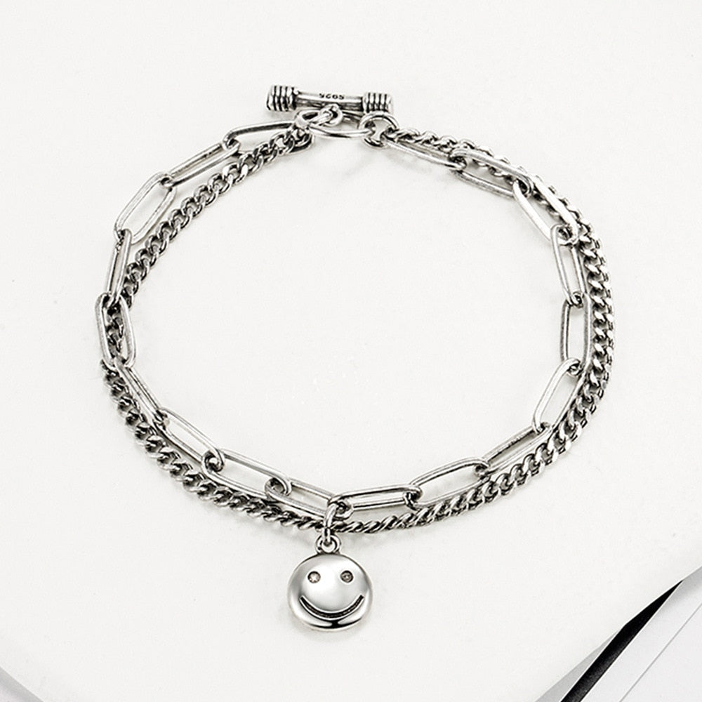 Double-Deck Cuba Chains Women's Bracelets on Smiling Face Bangles 925 Stamp Charms  Jewelry Gift Female Christmas GaaBou