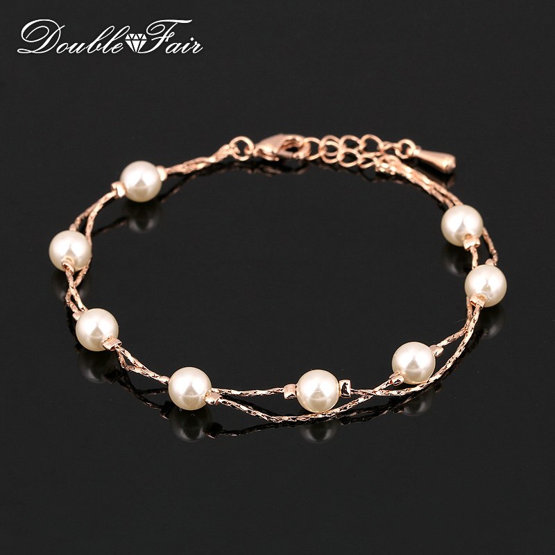 Charm Bracelets & Bangles Silver /Rose Gold Color Simulated Pearl Beads Snake Chain Wedding Jewelry For Women DFH169