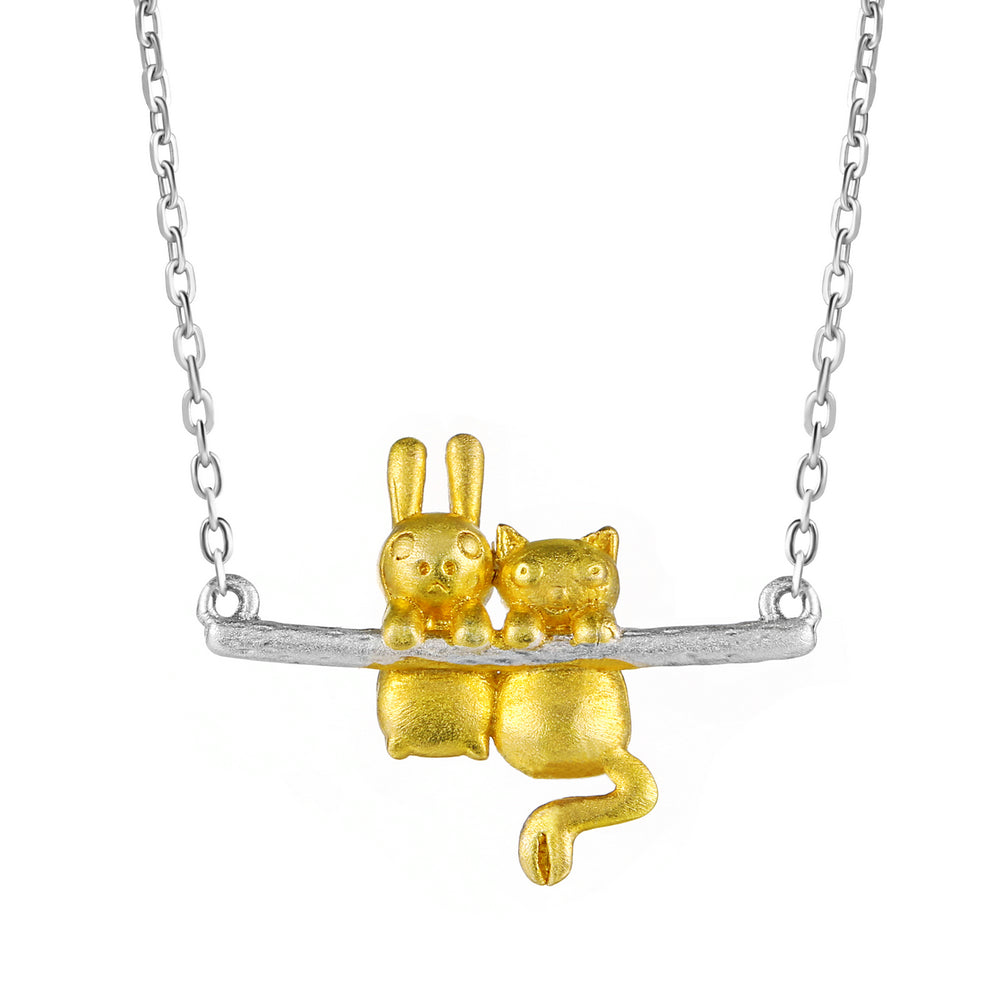 Lovely Cat & Rabbit Wiredrawing 100% 925 Sterling Silver Chain Necklace Gold & Silver Chain For Women & Girl DFNY009