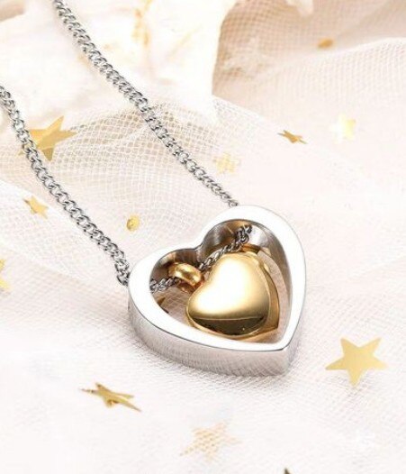 Double Heart Cremation Urn Necklace for Ashes Keepsake Jewelry Memorial Pendant Stainless Steel 4 Colors