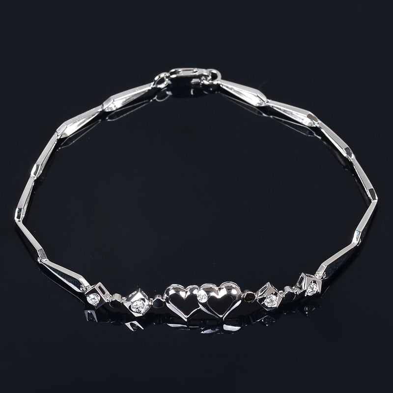 Double Hearts Diamond Charm Bracelet for Women 0.12ct Natural Diamond Solid 18K White Gold Handmade Fine Jewelry