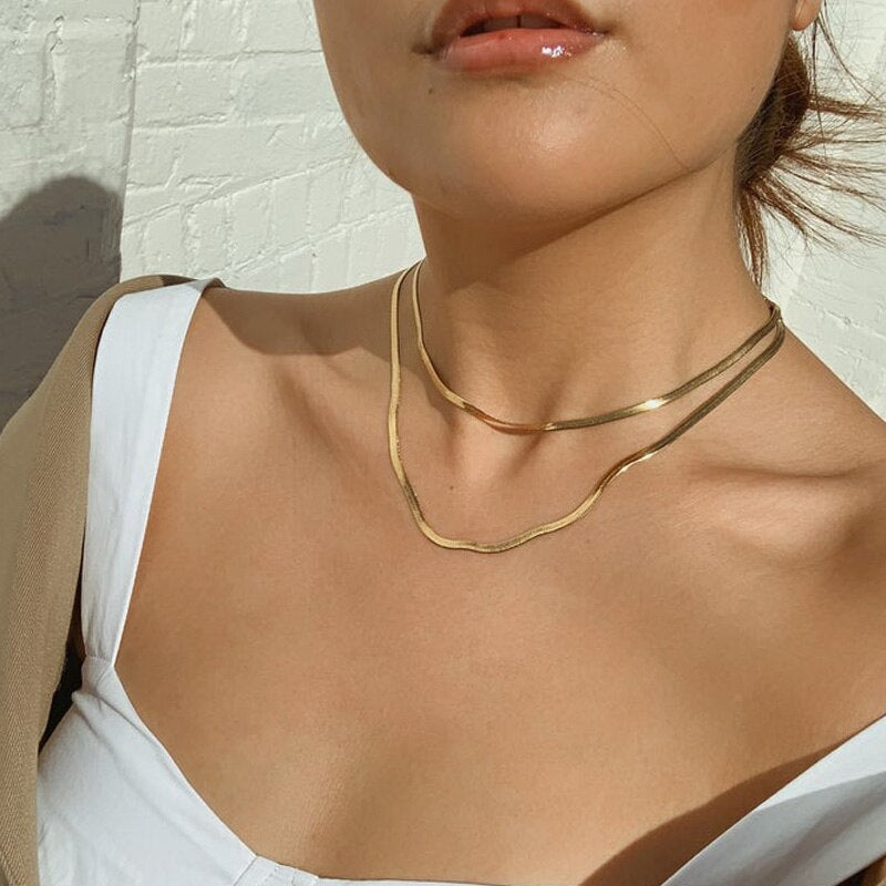 Double Layer Charm Women Snake Chain Choker Necklace Gold Silver Color Flat Herringbone Chokers Link For Girls 4mm Collier Femme