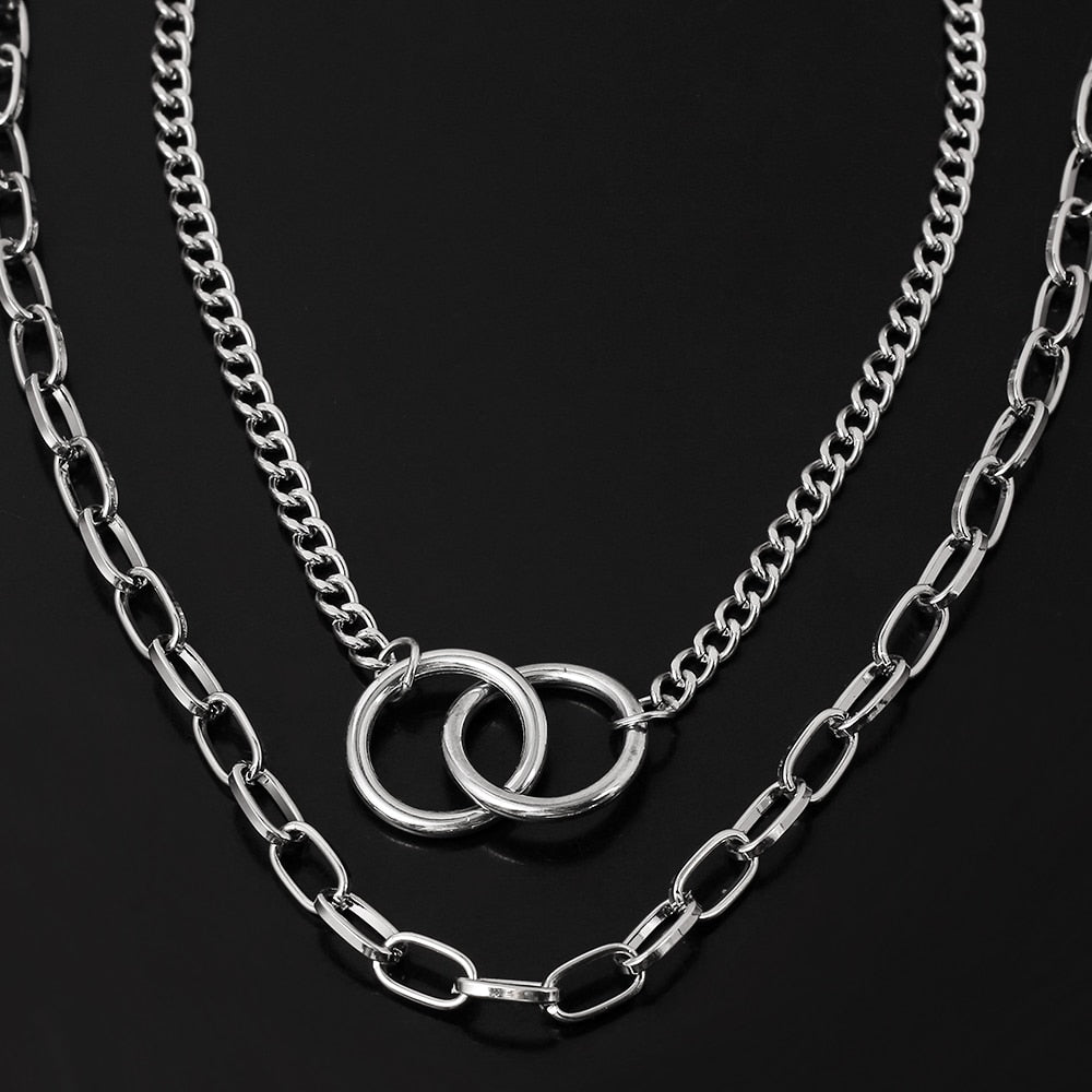 Double Layer Choker Punk Necklace Cuba Chain Hip-hop Rap Rock Charm Necklace For Man Women Silver Color Cool Jewelry