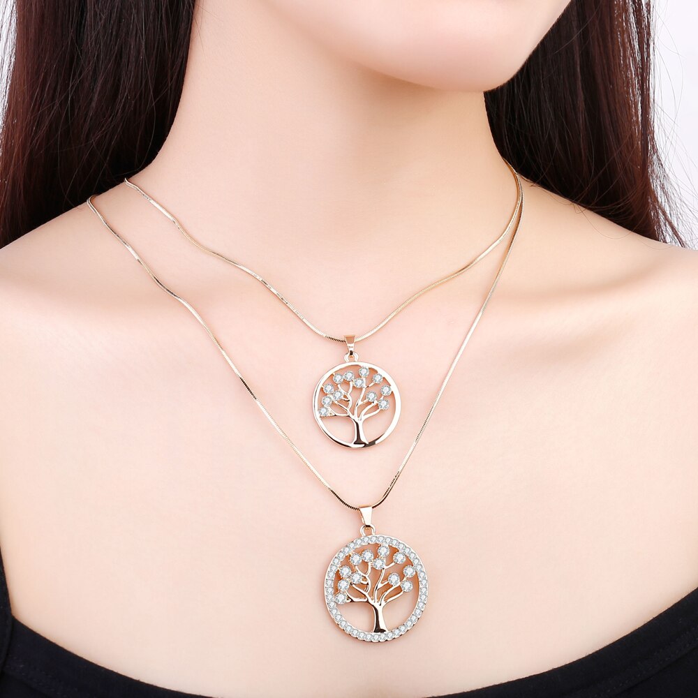 Double Layer Cyrstal Round Shape Tree Of Life Pendant Necklaces for Women Gold Silvery Snake Chain Necklace Statement Jewelry