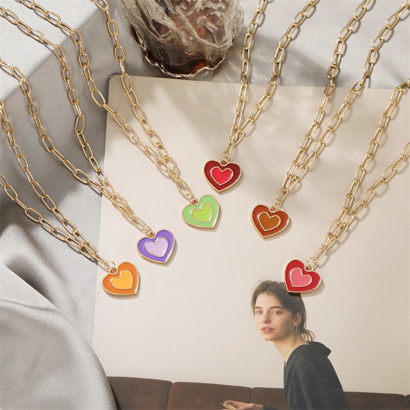 Double Layer Heart Enamel Choker Necklace For Women 2021 Colorful Necklaces Chain Koean  Jewelry Couple Jewelry