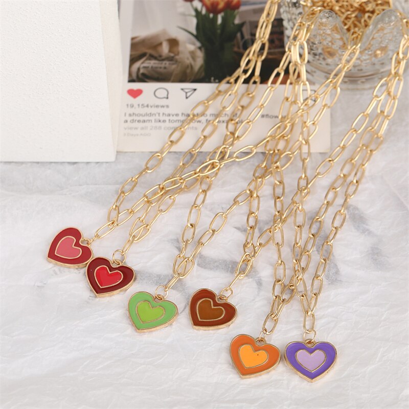 Double Layer Heart Enamel Choker Necklace For Women 2021 Colorful Necklaces Chain Koean  Jewelry Couple Jewelry