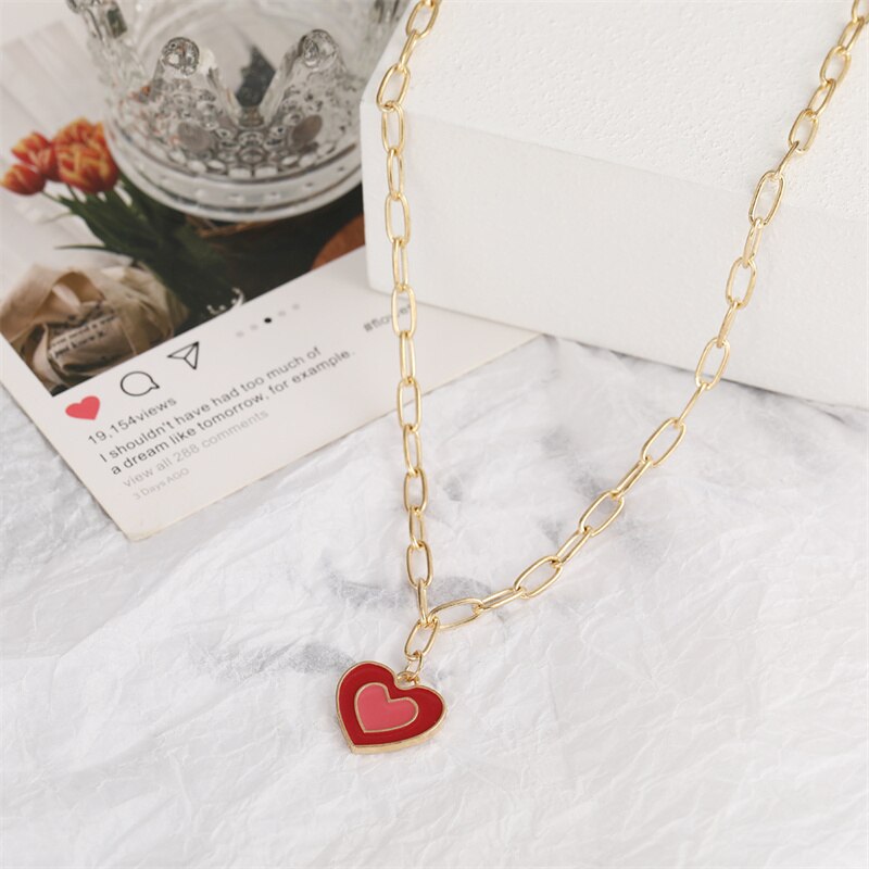 Double Layer Heart Enamel Choker Necklace For Women 2021 Colorful Necklaces Chain Koean  Jewelry Couple Jewelry