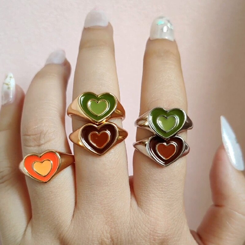 Double Layer Heart Rings For Women Girls Vintage Colorful Love Couple Heart Ring Aesthetic Jewerly 2023 Trend Anillos
