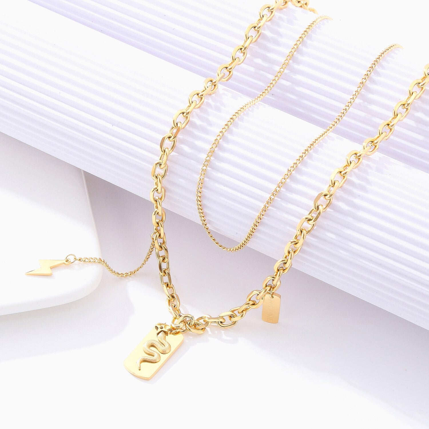 Double Layer Hollow Thick Clavicle Chain Stainless Steel Gold Plated Snake Necklace For Women Punk Hip-Hop Streetwear Jewelry
