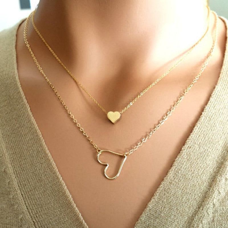 Double Layer Love Heart  Chain Necklace Lover Couple Valentine's Day Women Pendant Necklaces Gift Jewelry /