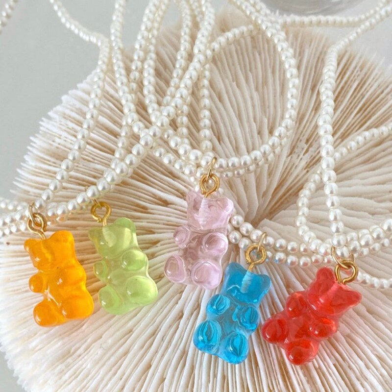Double Layer Pearl Little Bear Pendant Necklaces For Women Cartoon Cute Charm Beads Chain Necklace Women's Jewelry Sets Choker