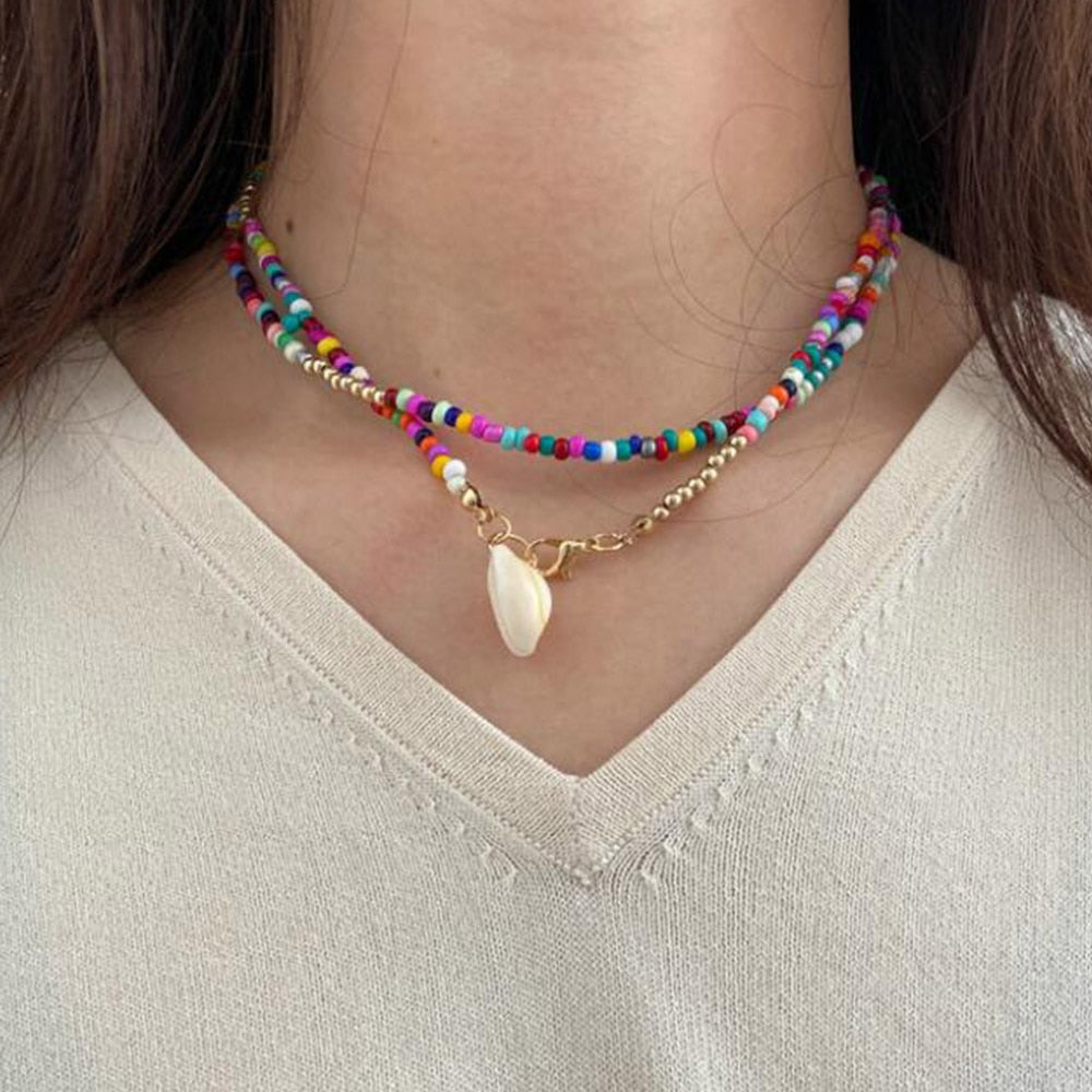 Double Layer Shell Pendant Necklace For Women Girls Bohemian Colorful Bead Choker Boho Beach Jewelry Collares Feminino