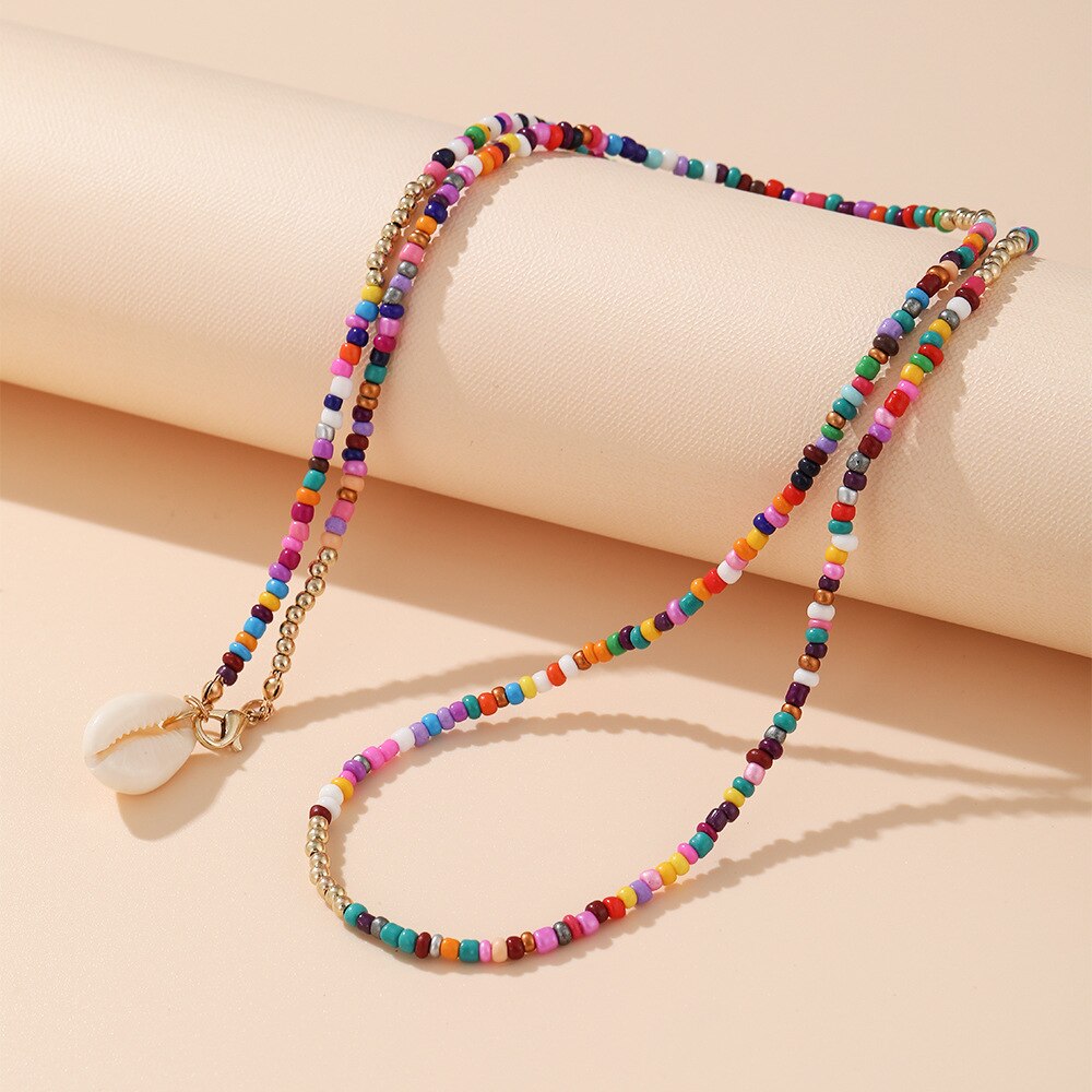Double Layer Shell Pendant Necklace For Women Girls Bohemian Colorful Bead Choker Boho Beach Jewelry Collares Feminino