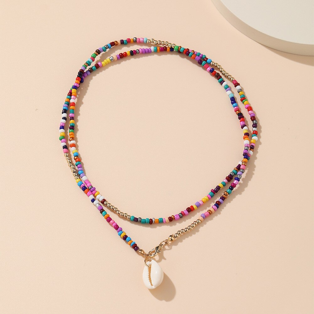 Double Layer Shell Pendant Necklace For Women Girls Bohemian Colorful Bead Choker Boho Beach Jewelry Collares Feminino