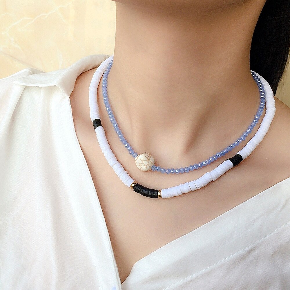 Double Layer Soft Ceramic Crystal Beads Stacking Women's Necklace, Female Bohemian Hand-beaded Neck Female Choker Jewelry