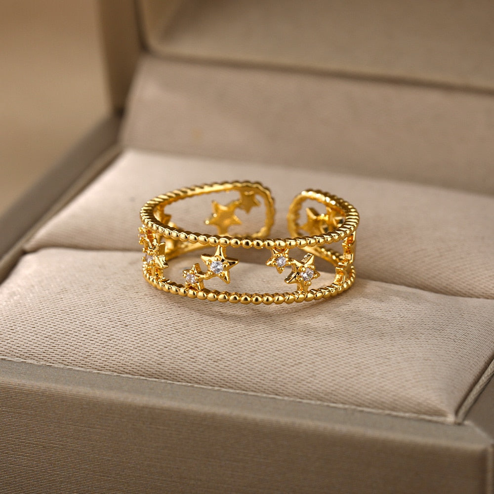 Double Layer Zircon Star Rings for Women Stainless Steel Open Adjustable Stars Couple Ring CZ Wedding Aesthetic Jewerly anillos