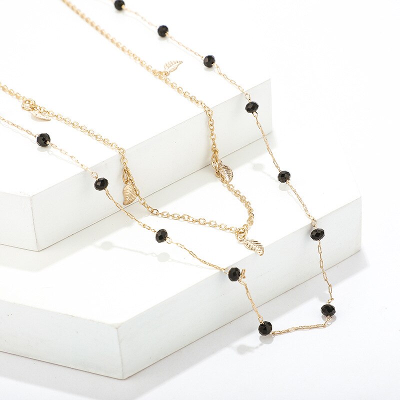 Double Layered Necklace Women Tassel Charm Choker Necklace Black Beads Bohemian Necklace Metal Gold Color Party Birthday Gift Fe