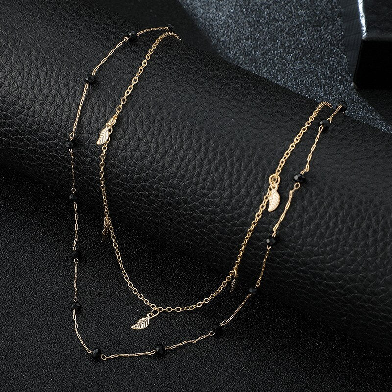 Double Layered Necklace Women Tassel Charm Choker Necklace Black Beads Bohemian Necklace Metal Gold Color Party Birthday Gift Fe