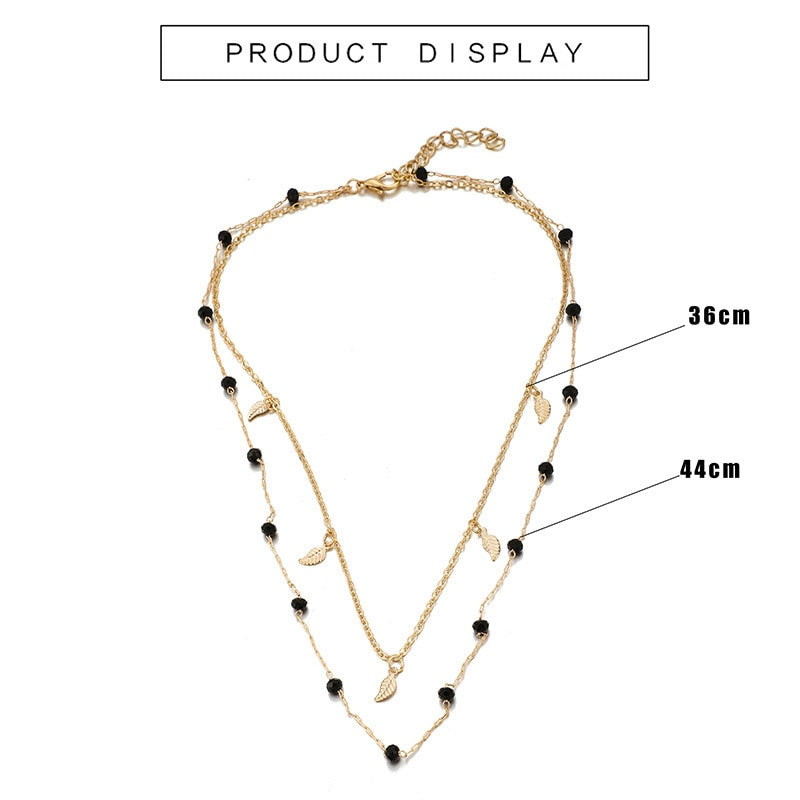 Double Layered Necklace Women Tassel Charm Choker Necklace Black Beads Bohemian Necklace Metal Gold Color Party Birthday Gift Fe