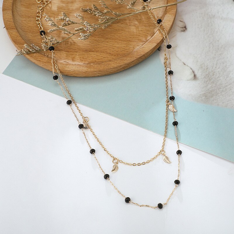 Double Layered Necklace Women Tassel Charm Choker Necklace Black Beads Bohemian Necklace Metal Gold Color Party Birthday Gift Fe