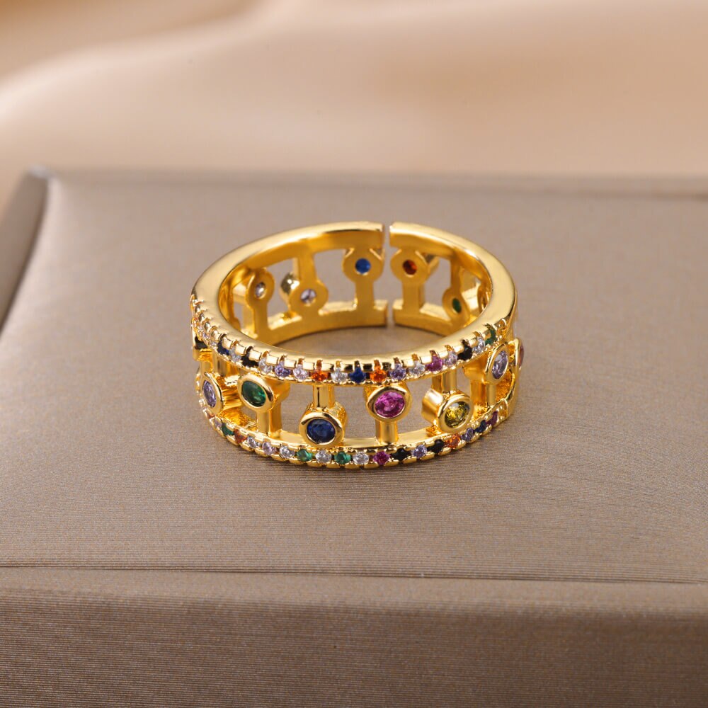 Double Layers Rainbow Zircon Rings for Women Open Adjustable Stainless Steel Gold Color Ring 2023 Wedding Aesthetic Jewerly