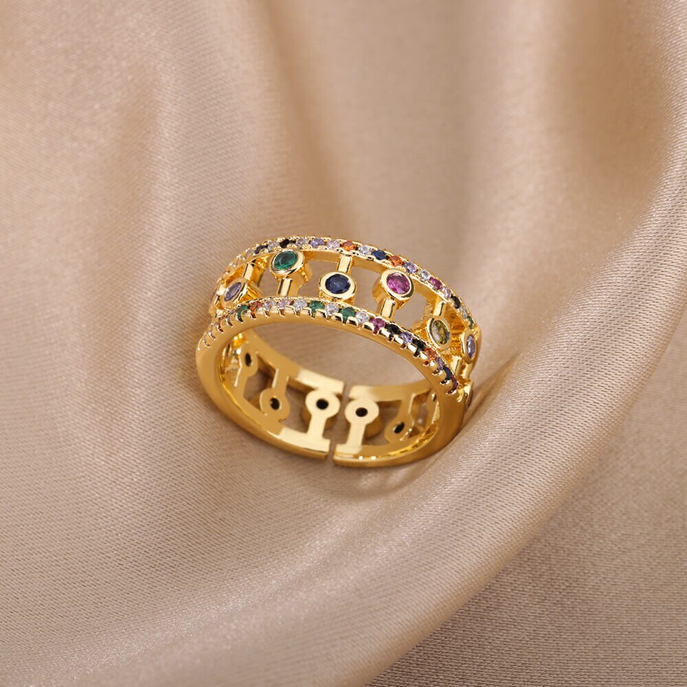 Double Layers Rainbow Zircon Rings for Women Open Adjustable Stainless Steel Gold Color Ring 2023 Wedding Aesthetic Jewerly