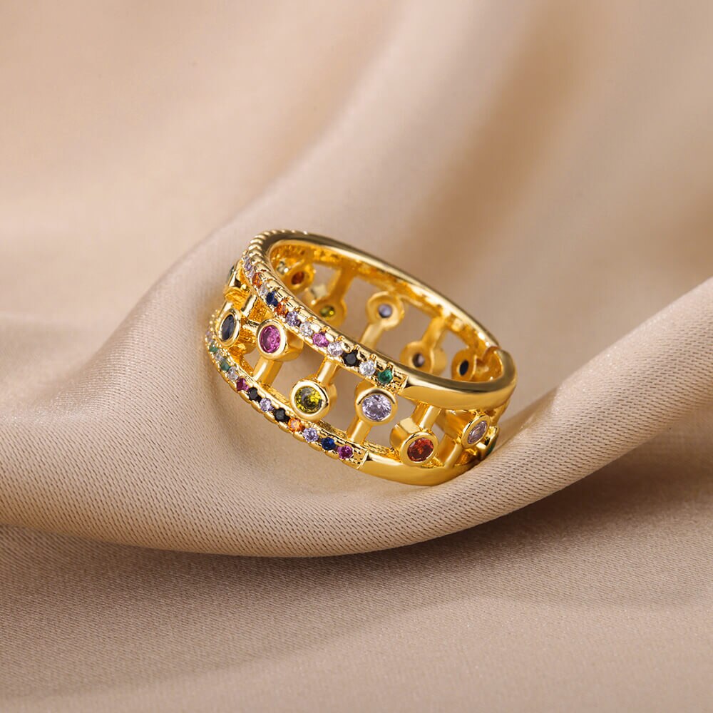 Double Layers Rainbow Zircon Rings for Women Open Adjustable Stainless Steel Gold Color Ring 2023 Wedding Aesthetic Jewerly