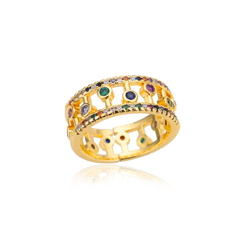 Double Layers Rainbow Zircon Rings for Women Open Adjustable Stainless Steel Gold Color Ring 2023 Wedding Aesthetic Jewerly