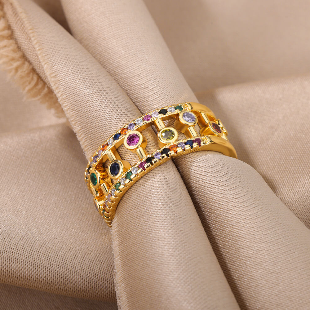 Double Layers Rainbow Zircon Rings for Women Open Adjustable Stainless Steel Gold Color Ring 2023 Wedding Aesthetic Jewerly