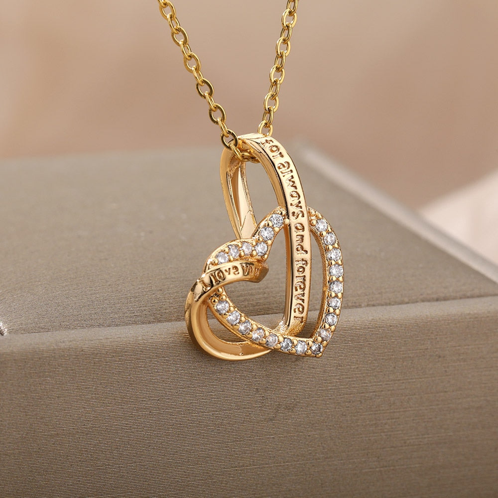 Double Love Heart Pendant Necklace For Women Stainless Steel Gold  Color Necklaces Couple Jewelry Valentines Day Gift