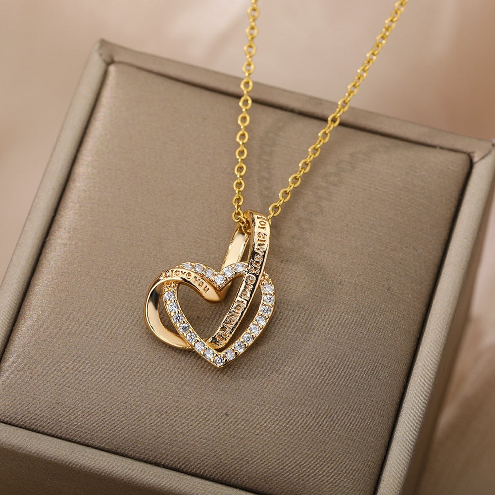 Double Love Heart Pendant Necklace For Women Stainless Steel Gold  Color Necklaces Couple Jewelry Valentines Day Gift
