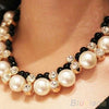 Double Row  Adjustable Ribbon Chain Diamante Choker  Pearl Necklace for women 091Z