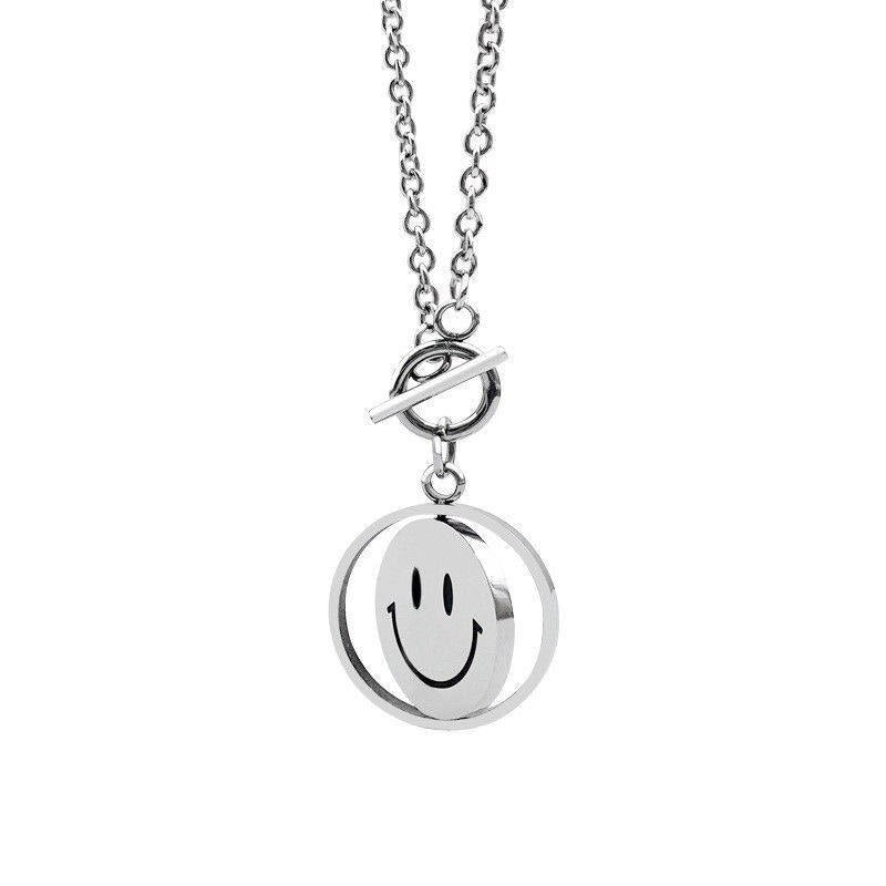 Double Sided smiley face pendant Necklaces For Women Korean Jewelry Rotatable Street stainless steel Couple Face Expression Gift