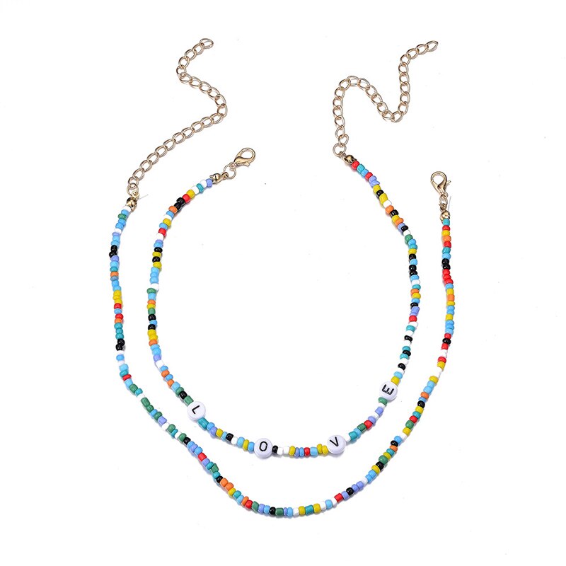Double-layer Colorful Bead Chain for Women Teen Girl Bohomian Love Choker Necklaces Cute Rainbow Seed Bead Beach Necklace AM6035