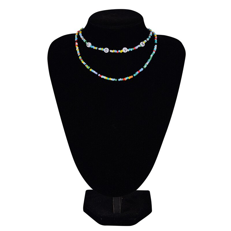 Double-layer Colorful Bead Chain for Women Teen Girl Bohomian Love Choker Necklaces Cute Rainbow Seed Bead Beach Necklace AM6035