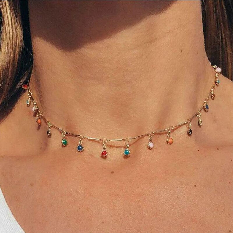 Double-layer Colorful Bead Chain for Women Teen Girl Bohomian Love Choker Necklaces Cute Rainbow Seed Bead Beach Necklace AM6035