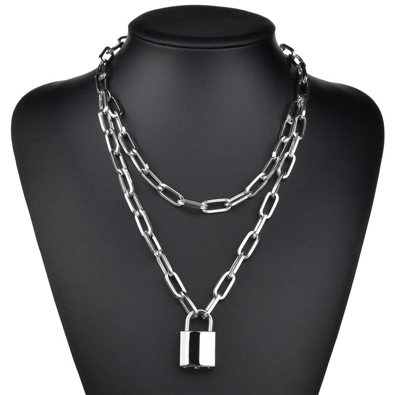 Double layer Heart Round Lock Chain necklace punk Sweater Long chain neck pendant necklace women gothic jewelry