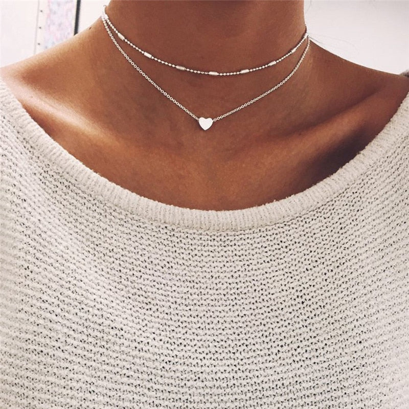 Double-layers Chain Heart Pendant Necklace Women Chokers Necklaces for Girls Jewelry Wedding Party Gift