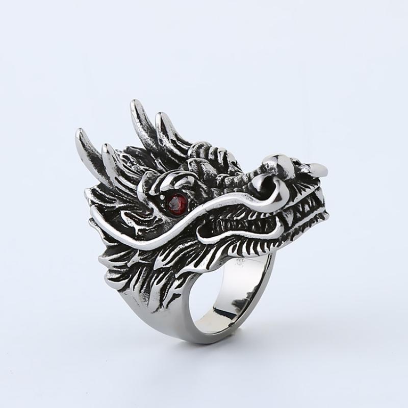 Dragon Head Shape Red Crystal Inlaid Ring Men's Ring Metal Retro Animal Ring Accessory Party Jewelry Size 8-11