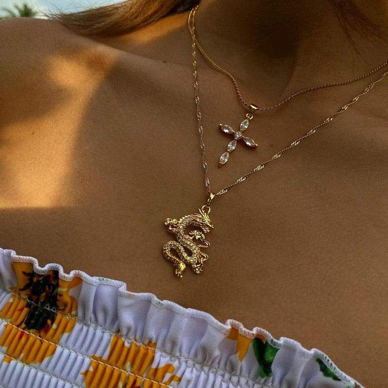 Dragon Pendant Necklaces for Women Stainless Steel Gold Color Cubic Zirconia Choker Mascot Necklace Jewellery Gift collier femme